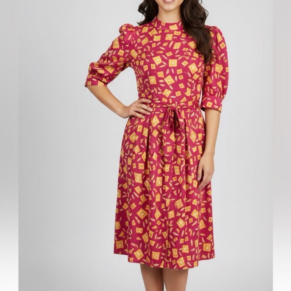 VTG Adrianna Papell Dress Belted Silk Pink Yellow Half Sleeve Crew Neck …